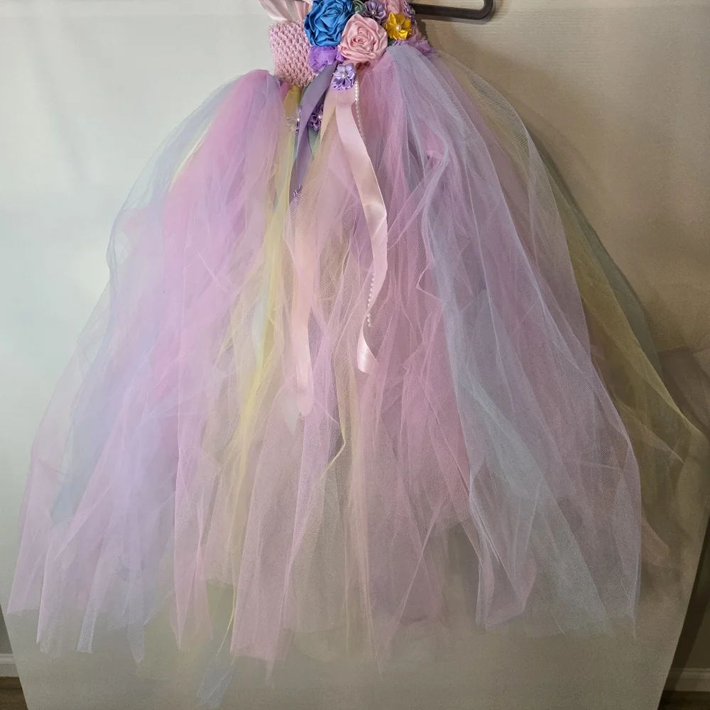 ANGEL TUTU Girls Pastel Floral Tulle Dress With Satin Flower Embellishments